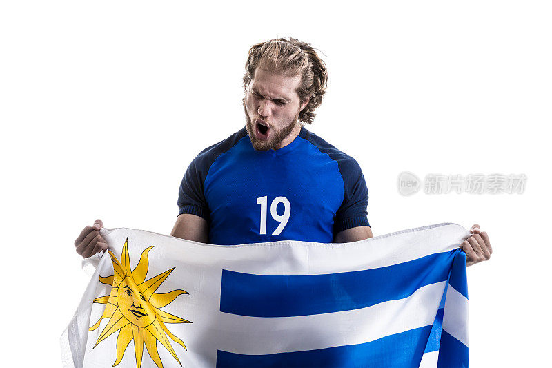 乌拉圭男运动员/粉丝在白色背景下庆祝